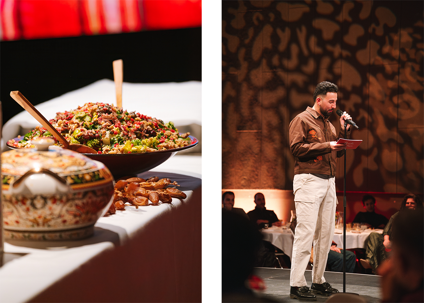 Two photos: the left photo shows a table with bowls of food and dates on it. The right picture shows a person on a stage speaking into a microphone. Around the person are people listening to him.